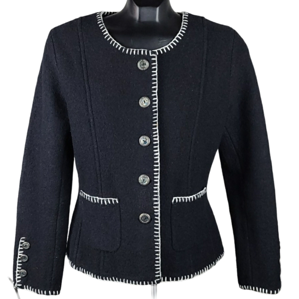 CONTEMPORAINE Petite Blazer Jacket Black White Wool Size Medium